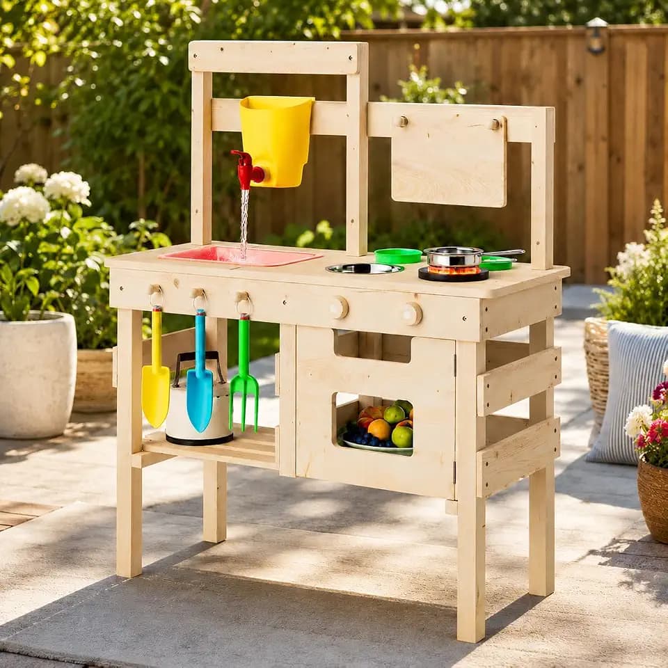 Kids' Outdoor Play Kitchen – Mud Kitchen Playset with Water Faucet, Double-Sided Chalkboard, Storage Shelves, Cups, Removable Sink, and Pretend Stove – Backyard Toddler Play Set