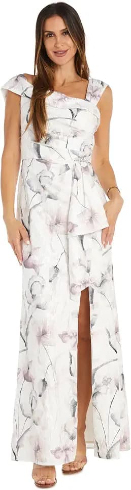 R&M Richards One-Shoulder Foil Jacquard Gown W/Rhinestone Waist Detail & Front Slit