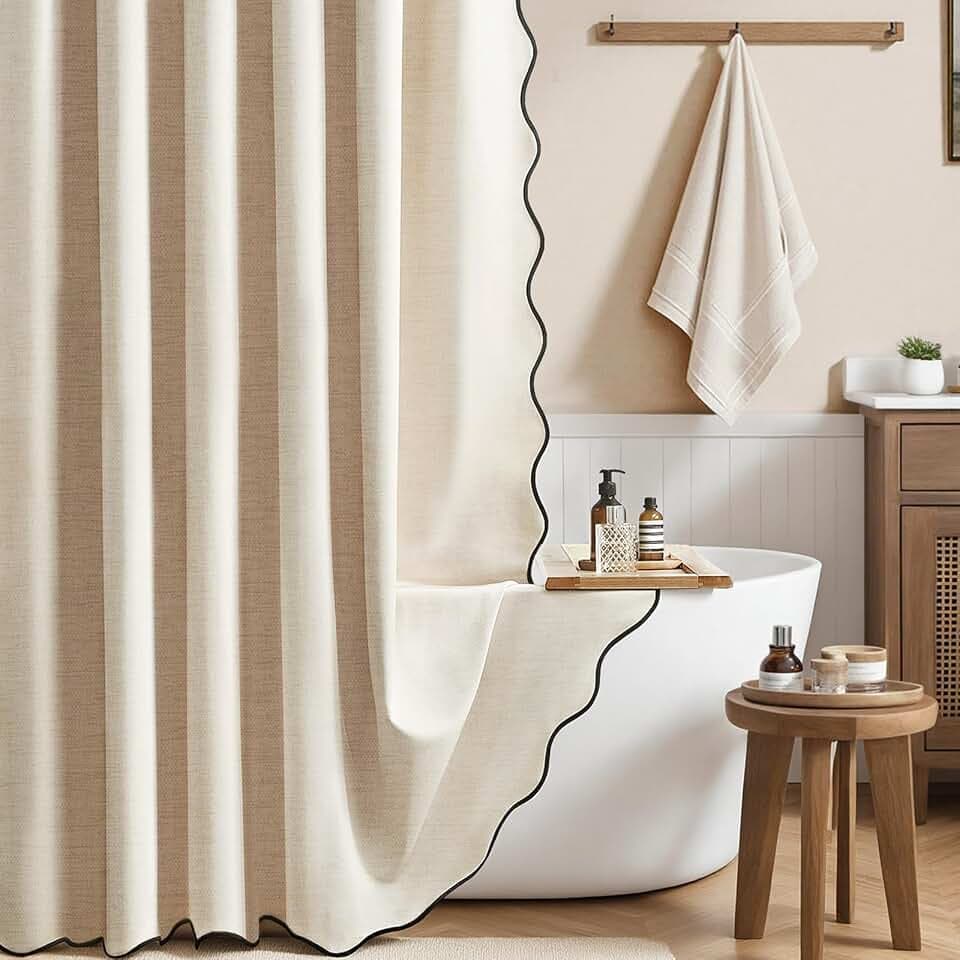 BTTN Extra Long Scalloped Linen Textured Shower Curtain, 72x96, Beige/Cream
