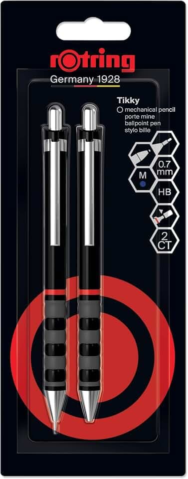 rOtring Tikky Set aus Feinminenstift und Kugelschreiber | Bleistift mit HB-Mine0,7 mm | Schreibgerät mit mittelgroßer Spitze | Schaft in Schwarz | Leicht mit gummierter Griffzone