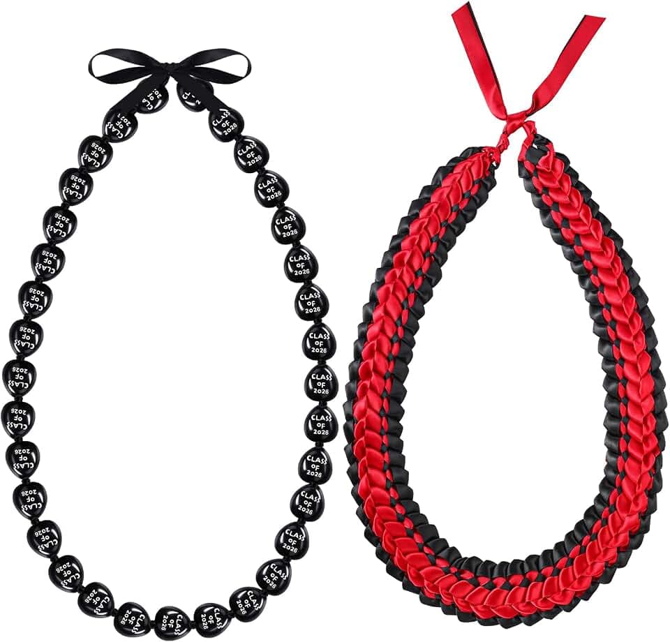 Junkin 2 Pcs Graduation Leis Class of 2026, 47 Inch Double Braided Ribbon Lei & 35 Inch Kukui Nut Necklace, Hawaiian Jewelry for Graduation Ceremony Party Gifts(Black, Red)