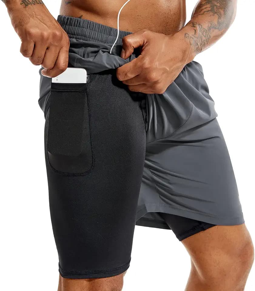 Herren 2 in 1 Laufshorts 5 Zoll, schnell trocknende Gym Sport Workout Shorts mit Handytasche