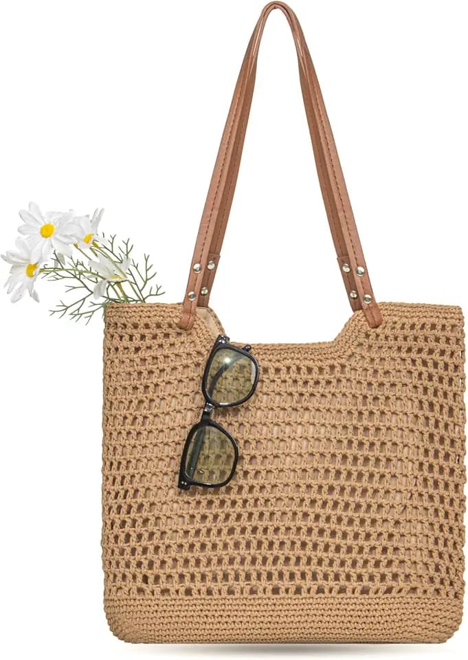 Crochet Beach Bag Purse, Boho Woven Tote with Leak-Proof Lining For Summer Vacation Travel Casual Shoulder Bag Soft