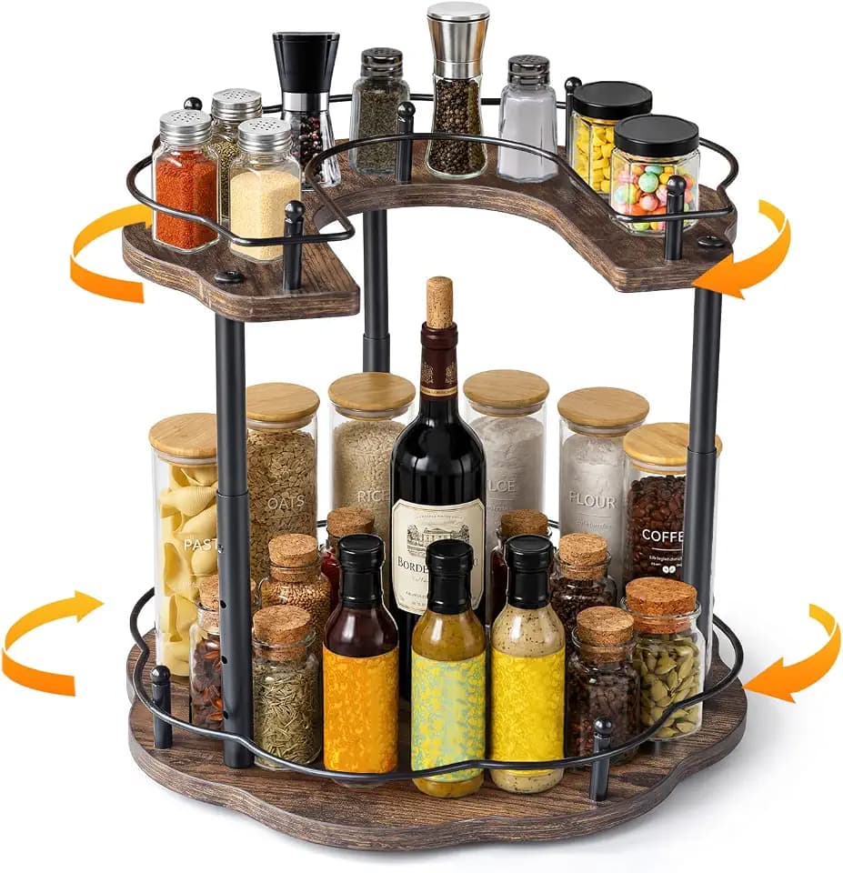 2-stufig Gewürzregal Drehbar 360° Küchenregal Holz für Küche | Gewürzständer Höhenverstellbar Kleines 30 cm Drehteller Lazy Susan Stehend Gewürze Organizer für Speisekammer Platzsparend