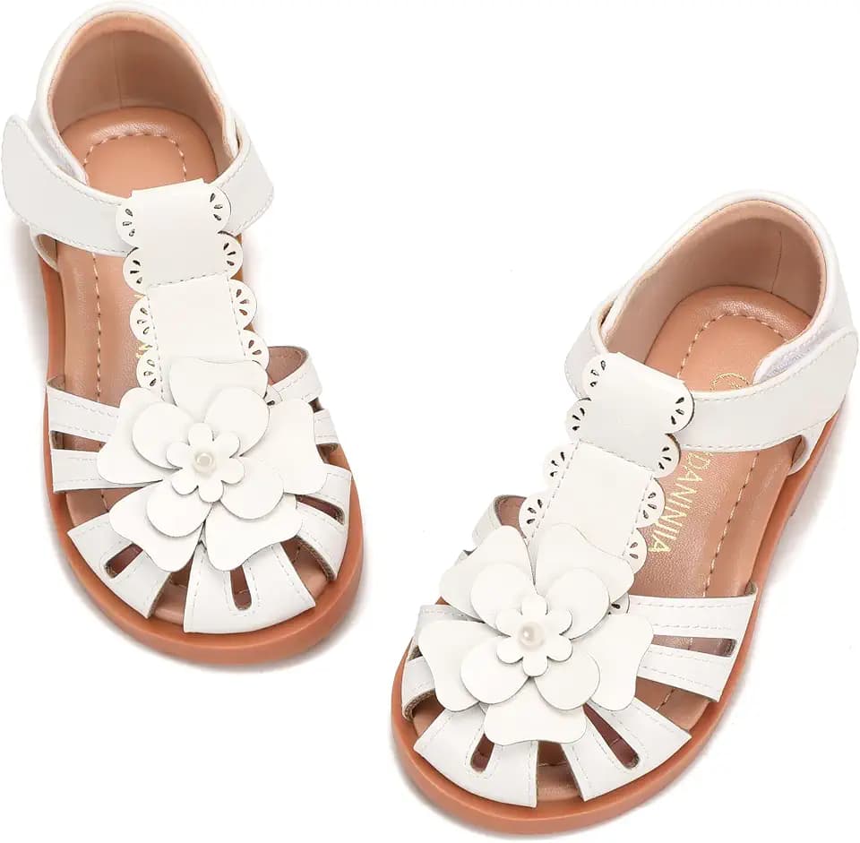 PANDANINJIA Toddler Sandals Closed Toe Flat Girls Sandals Little Kids T-Strap Summer Dress Shoes Party Wedding Flower Girl Shoes