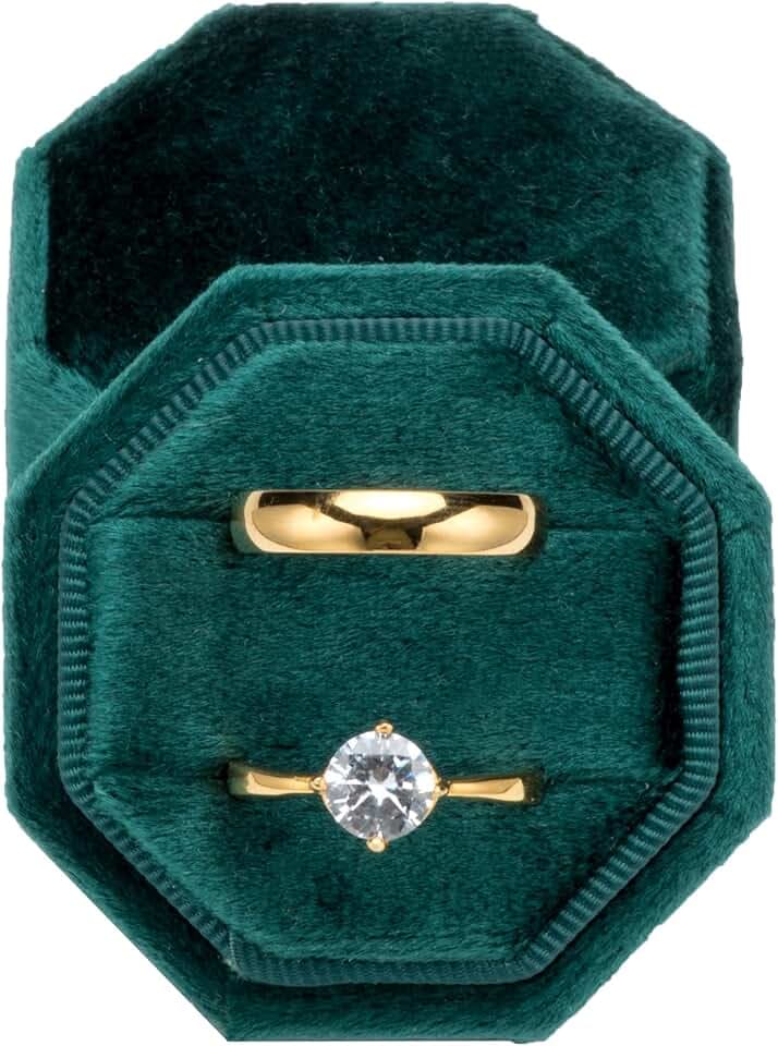 POKOFO Premium Samt-Ringträgerbox für Antrag, Verlobung, Hochzeitszeremonie, gleichseitiger achteckiger Vintage-Doppelringhalter mit abnehmbarem Deckel (grün)