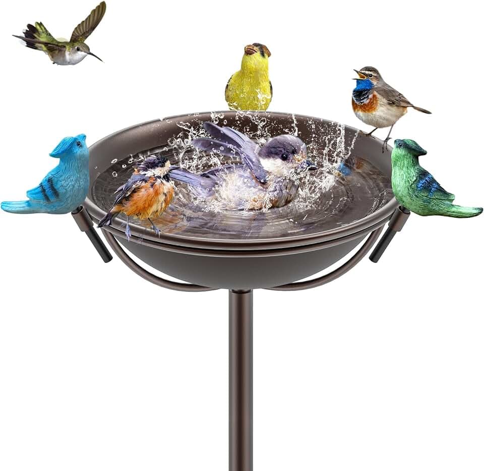 Outdoor Bird Bath Garden BirdBath Feeder with Metal Stake, Freestanding Birdbaths Bowl with 3 Resin Bird Statues, Birdbath & Birdfeeder Garden Yard Lawn Decor (braun)