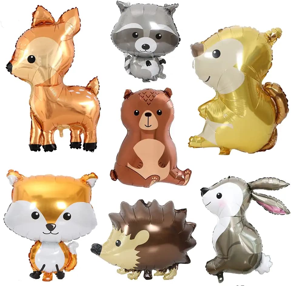 7PCS Forest Animal Balloons - Jumbo Bunny Fox Squirrel Hedgehog Raccoon for Woodland Themed Baby Shower & Birthday Party Decorations