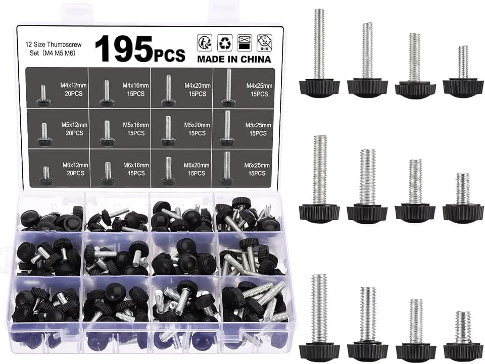 12 Größen 195 Stück Rändelschraube Set, M6 M5 M4 Rändelschrauben mit Griff, Carbon Gewinde Rundkopf Rändelschraube für Arten von Ständer und Maschinen