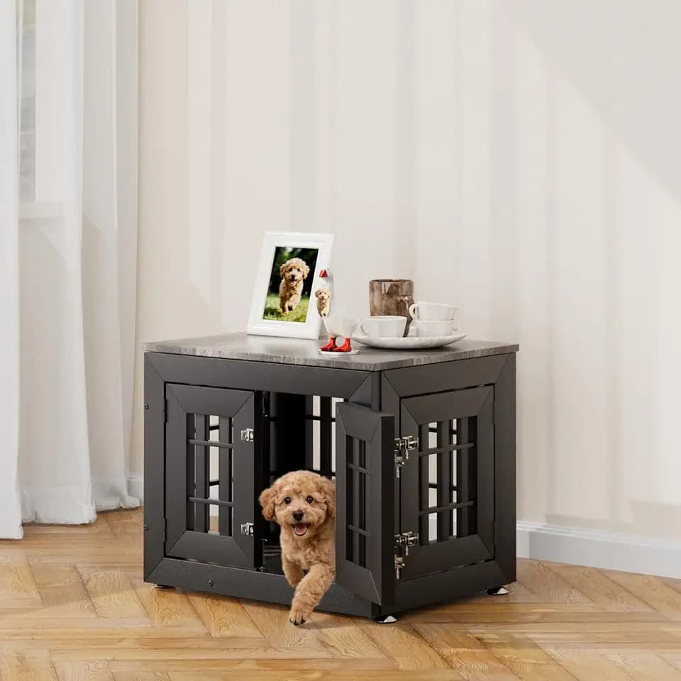 Snuowu 26" Heavy-Duty Dog Crate Furniture for Small/Medium Dogs, Rustic Wooden Dog Cage Kennel Indoor Furniture, Decorative Pet House End Table, Black & Grey