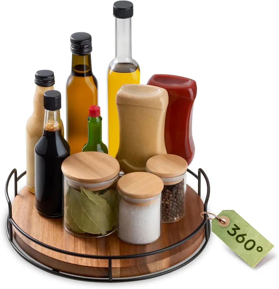 Praknu Drehteller Organizer Holz - Aus nachhaltigem FSC® Akazienholz - Lazy Susan Drehteller - 360° Drehbar - rutschfeste - 28cm - Gewürzregal für die Küche