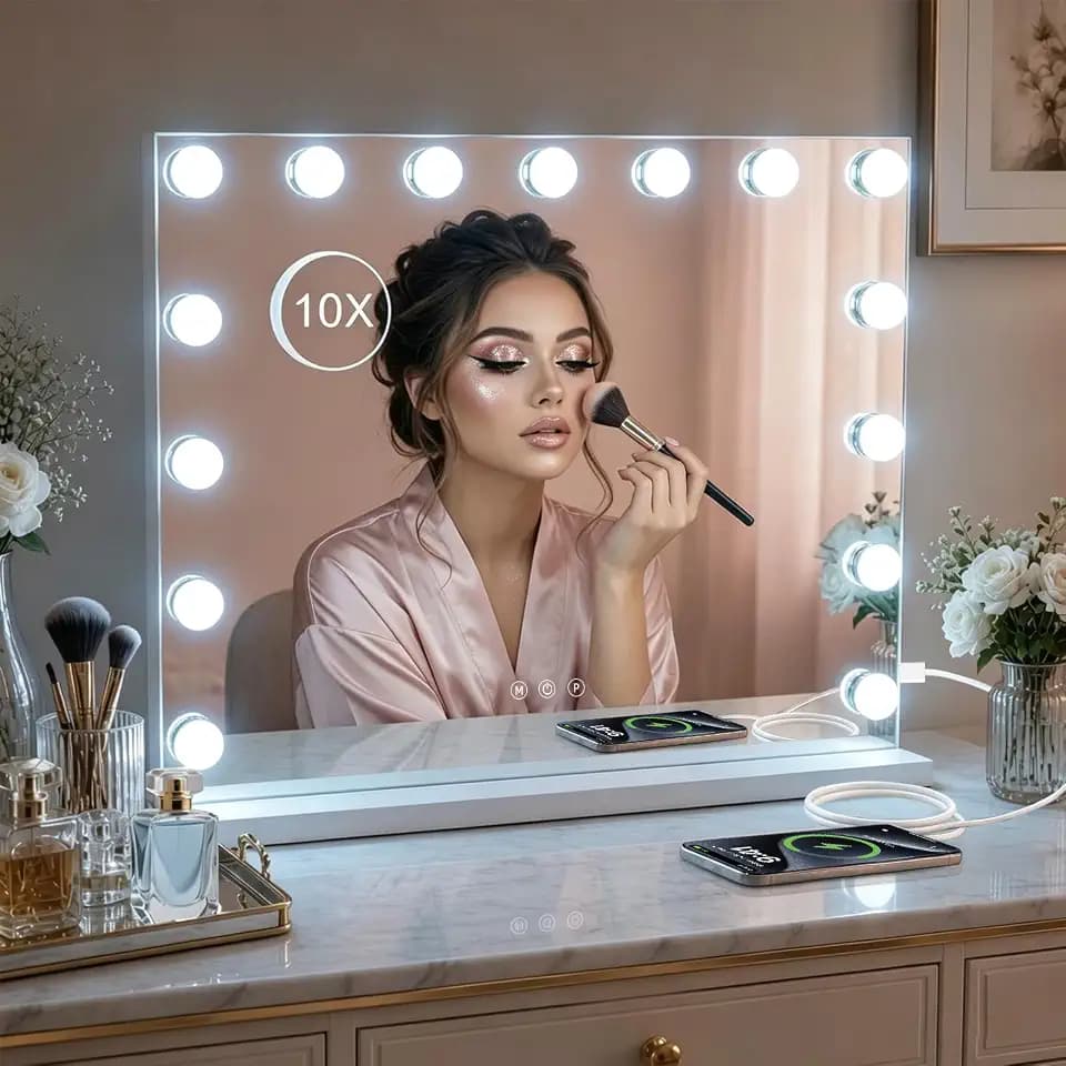 Hollywood Spiegel Schminkspiegel mit Beleuchtung, Kosmetikspiegel 58 x 46 cm, 15 LED Mirror Super HD für Make-up, 3 Lichtfarben Dimmbar Touch Control, USB, inkl. 10-Fach Vergrößerungsspiegel