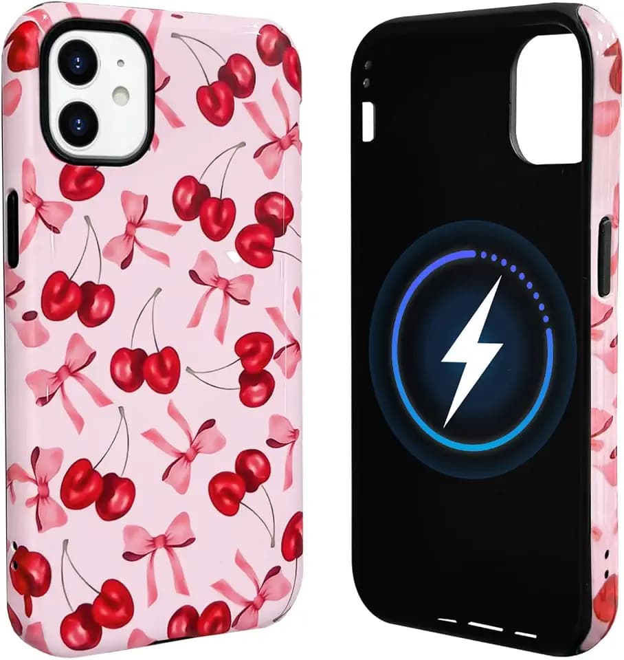 NITITOP Compatible with iPhone 11 Case Magnetic Compatible with MagSafe Cute Cherry Bow Ribbon for Women Girls Hybrid 2 Layers Hard Back Shockproof Protective Phone Cover - Glossy