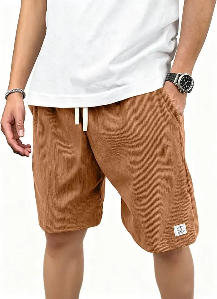 Mens Corduroy Shorts with Pockets,7 Inch Casual Elastic Waist Summer Beach Shorts with Drawstring