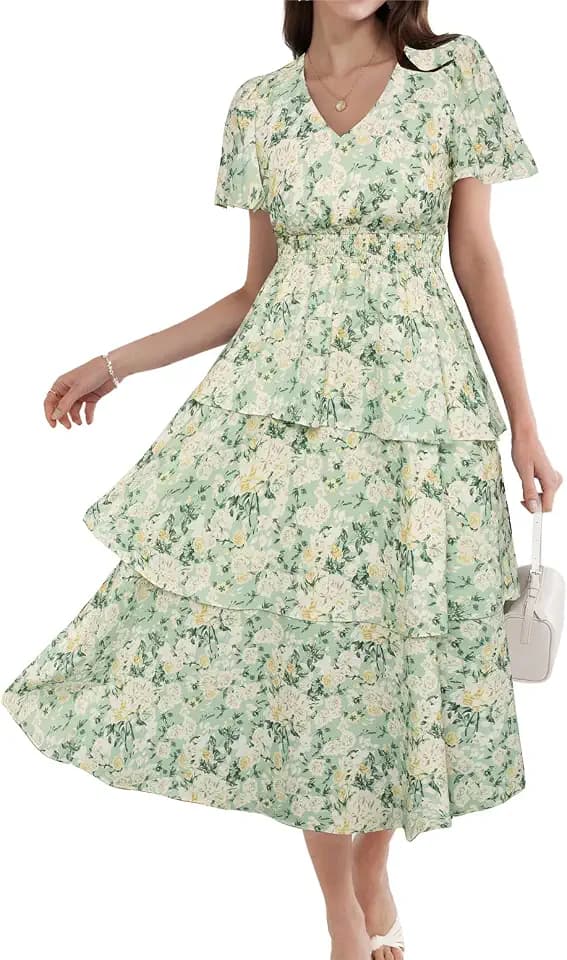GRACE KARIN Damen Sommer V-Ausschnitt Kurzarm Blumenkleid Casual Strand Maxi Kleid Elegant A-Linie Freizeitkleid Urlaubskleid Hochzeit