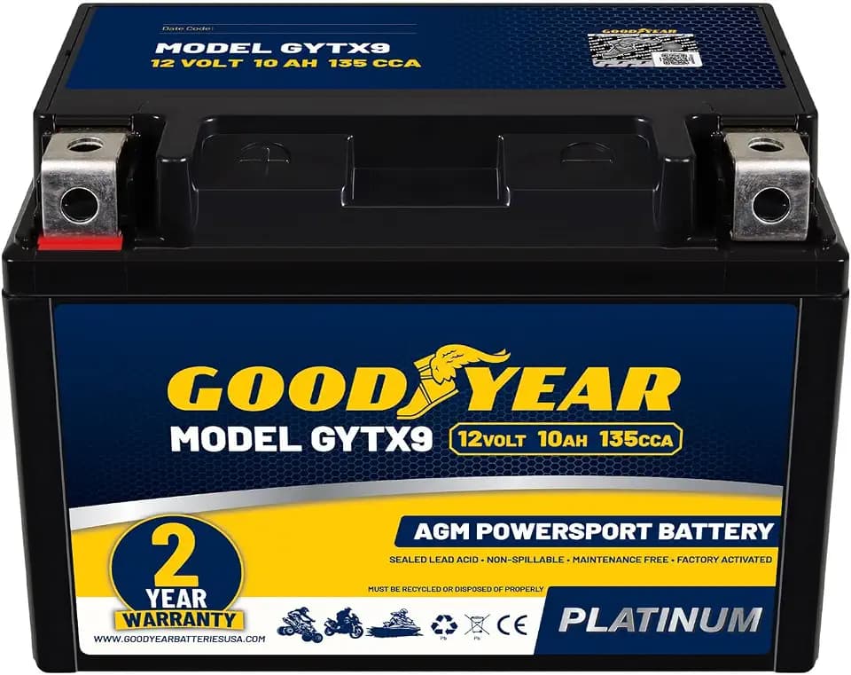 Goodyear GYTX9-12 Volt 10 AH, 135 CCA, Rechargeable High-Performance, Maintenance Free, SLA - AGM Battery for Motorcycle, ATV, UTV, 4-Wheeler, Snowmobile, Watercraft and more!