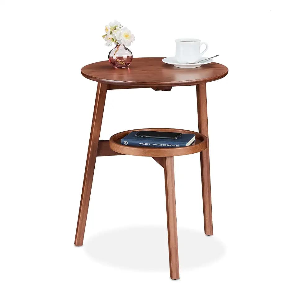 Relaxdays Beistelltisch, Sofatisch mit 2 Ebenen, Tischchen HBT: 60x47x40 cm, runder Couchtisch Wohnzimmer, Bambus, braun