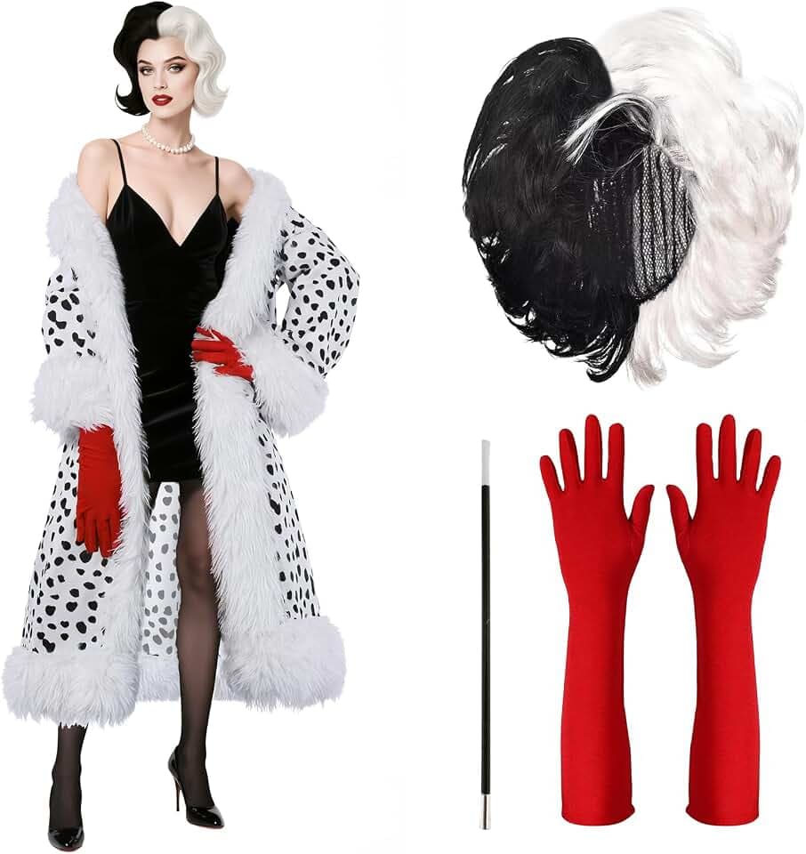 5pcs Women Black White Costume Adult Halloween Spotted Coat Wig Gloves Pipe Dalmatian Classic Movie Cosplay Full Set