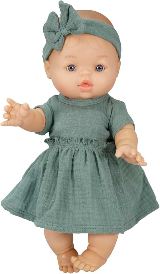 Heless 54022 - Mädchen-Babypuppe Gordi von Paola Reina, mit Musselin-Kleid in Salbeigrün und passendem Haarband, 100 Prozent Bio-Baumwolle, Puppe in der Größe 34 cm