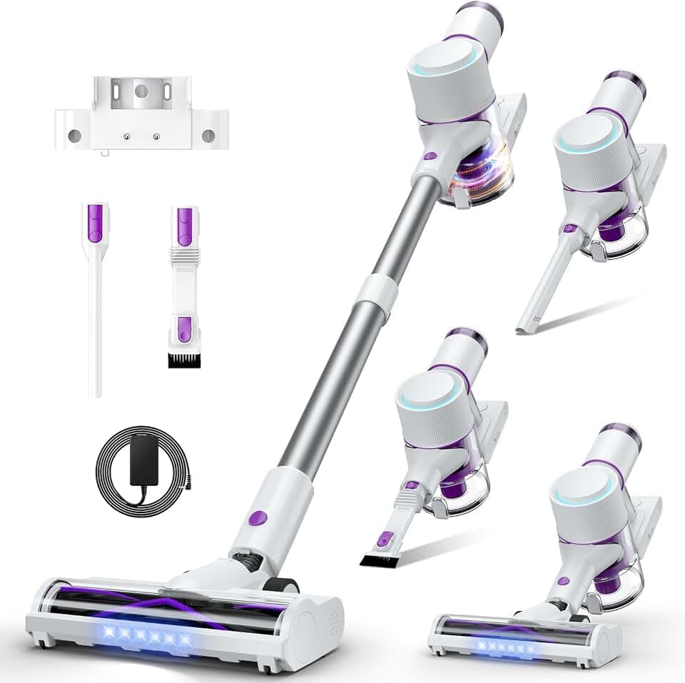Akku Staubsauger 45000Pa, 60Min, nur 1,75 kg, 6-in-1 Staubsauger Kabellos mit Touchscreen, LED-Leuchten, Anti-Tangle-Bürste & Ladestation, 7-Schicht-Filtration für Tierhaare, Teppiche, Hartböden, Auto