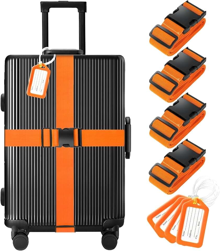 Gostwo 8 Pack Luggage Straps and Tags Set - 4 Straps, 4 Tags, Suitcase Belt