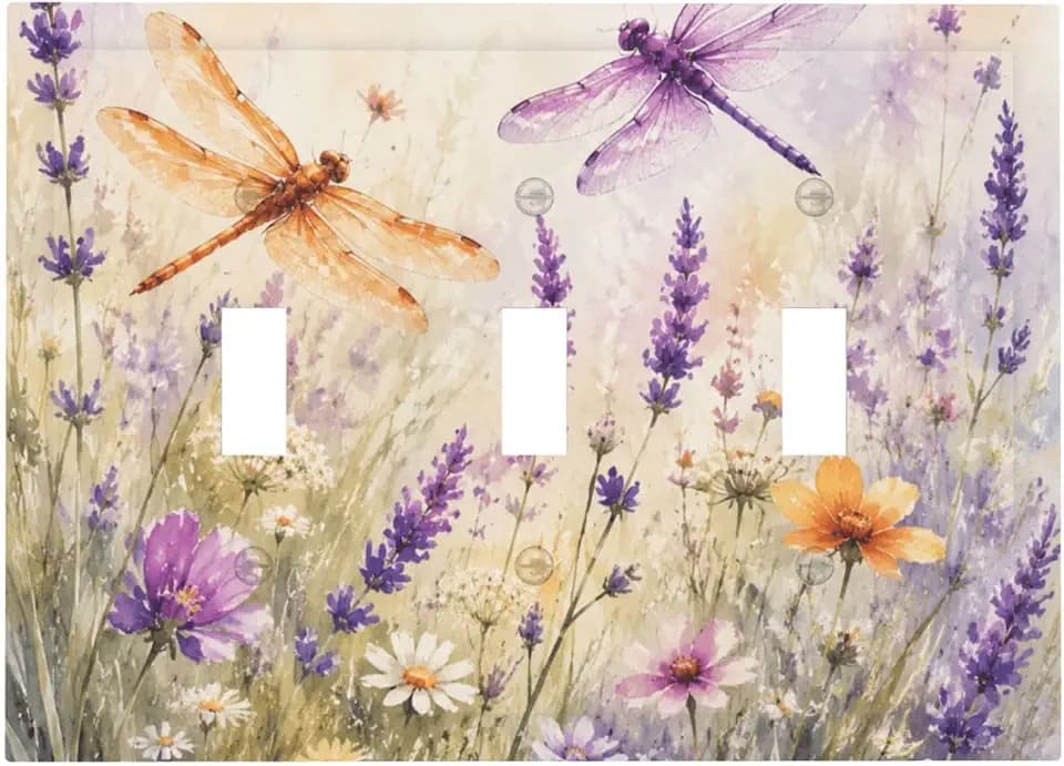 Decorative Light Switch Plate Covers Watercolor Dragonfly Lavender Floral 3 Gang Artistic Wall Plate Unique Vintage Purple Flower Triple Toggle Light Switch Covers for Bedroom Home Decor