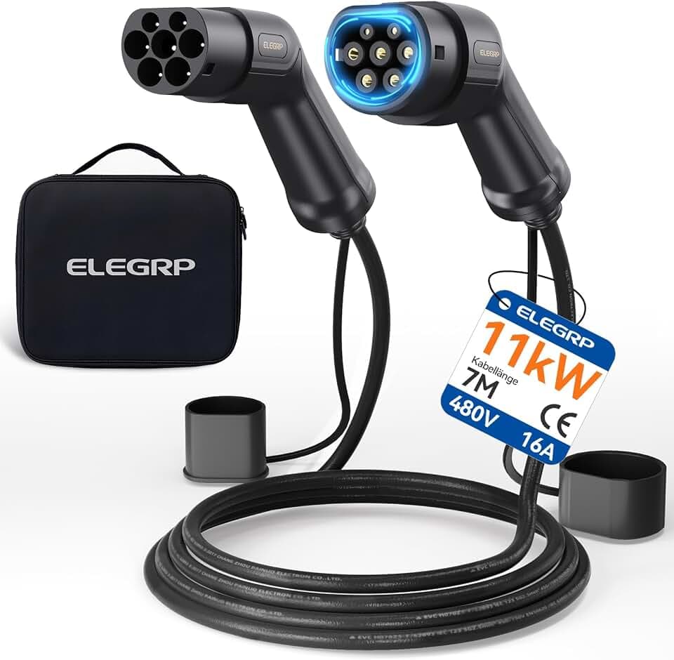 ELEGRP Typ 2 Ladekabel, 11kW 7M 16A 3-Phasig, Typ 2 Mode 3 Ladekabel für Elektroauto EV/PHEV mit Tragetasche, Geeignet für Model S/3/X/Y, VW ID.3 ID.4 e-Golf und andere EV