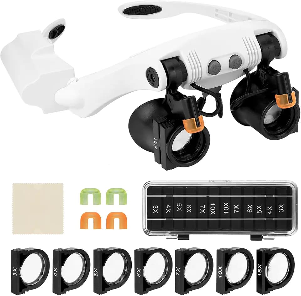 QWORK® Kopfbandlupe mit LED-Licht, 7 austauschbare Linsen, 3 x 4 x 5 x 6 x 7 x 10 x 15 x, ideal für Bastelarbeiten und Präzisionsarbeiten, Batterien nicht im Lieferumfang enthalten