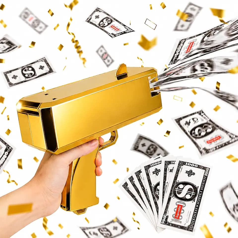 Geld Pistole Shooter mit 100 Fake Geld - Geldpistole für Filme, Filmrequisitenpistole, damit es regnet - Spaßiges Geldpistole Partyspiel für Karneval, Weihnachten, Hochzeit, Geburtstag