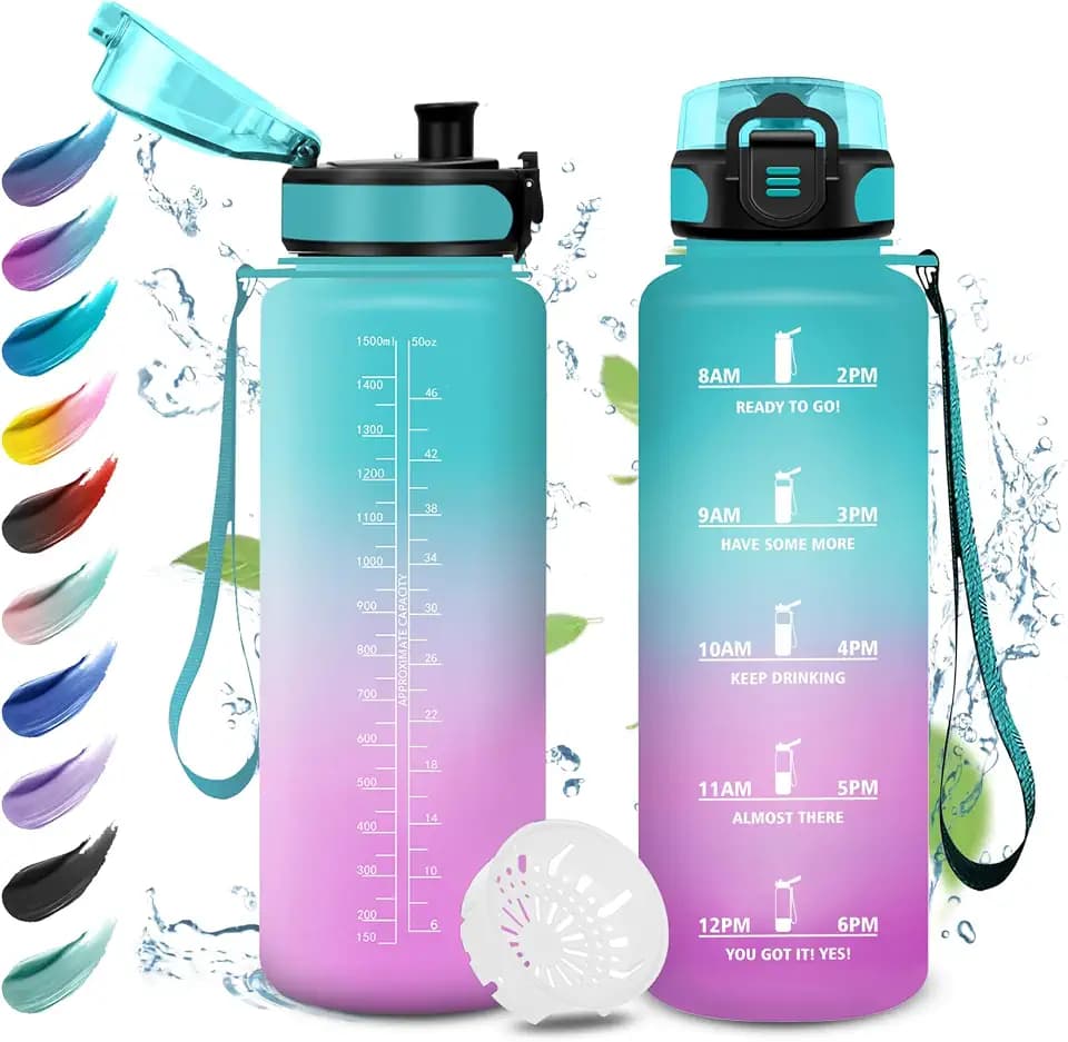 Sport Trinkflasche 1.5L, Auslaufsichere Wasserflasche mit Filter, Motivierende Trinkflasche mit Zeitmarkierung, Kohlensäure Geeignet, Sportflasche für Gym, Fitness, Fahhrad, Erwachsener, Wandern