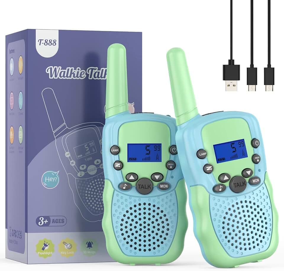 Walkie Talkie Kinder, Bakoherp Walkie Talkie Aufladbar für 3-12 Jahre Kinder, Funkgerät Kinder Wiederaufladbar mit 8 Kanäle, LED Taschenlampe, VOX Funktion für Abenteuer, Camping, Wandern