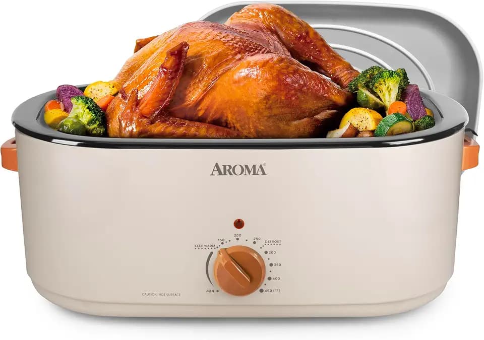 AROMA® 22Qt. Roaster Oven with Self-Basting Lid, Fits 26-lb. Turkey, Adjustable Temperature Settings, Keep Warm Setting, Stainless Steel (ART-832ST)