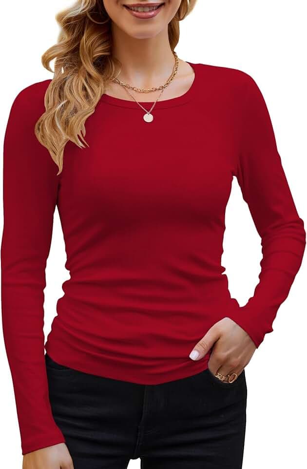 DUOEASE Langarmshirt Damen Rundhal Pullover Elegant Langarm Oberteile Rippshirt Tshirts Basic Tops