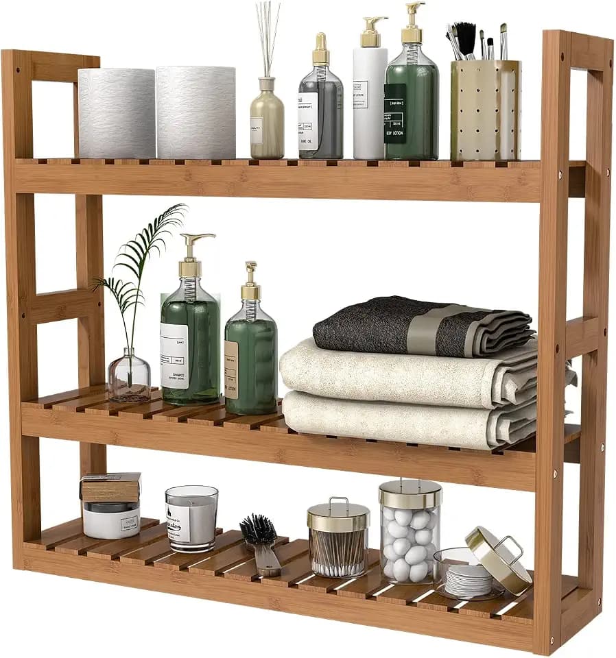 Domax Bamboo Bathroom Shelf 3-Tier Wall Mount Storage Rack Multifunctional Adjustable Layer Free Standing Over Toilet Utility Shelves Living Room Kitchen (Walnut)