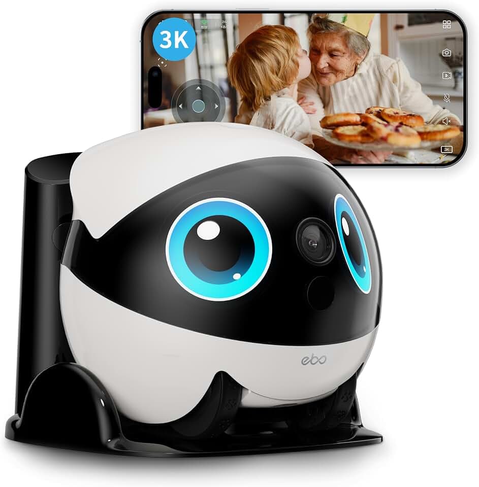 Enabot EBO Air 2 Plus FamilyBot,Interaktive Roboter,3K fahrbare Heimüberwachung,Überwachungskamera mit KI-Chat (ChatGPT) & Auto-Patrouille & Zwei-Wege-Audio & Videoanrufe (Mondweiß)