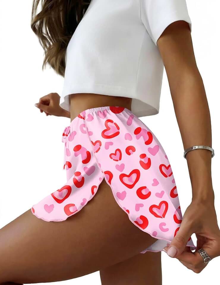 Ekouaer Womens Satin Pajama Shorts Side Slit Silky Ruffled PJ Bottoms