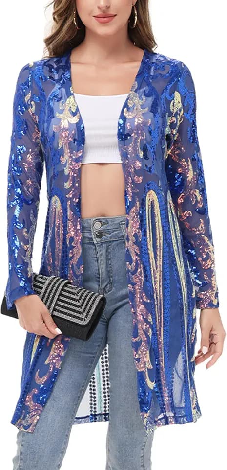 Anna-Kaci Women's Sparkly Sequin Cardigan Long Sleeve Open Front Glitter Kimono
