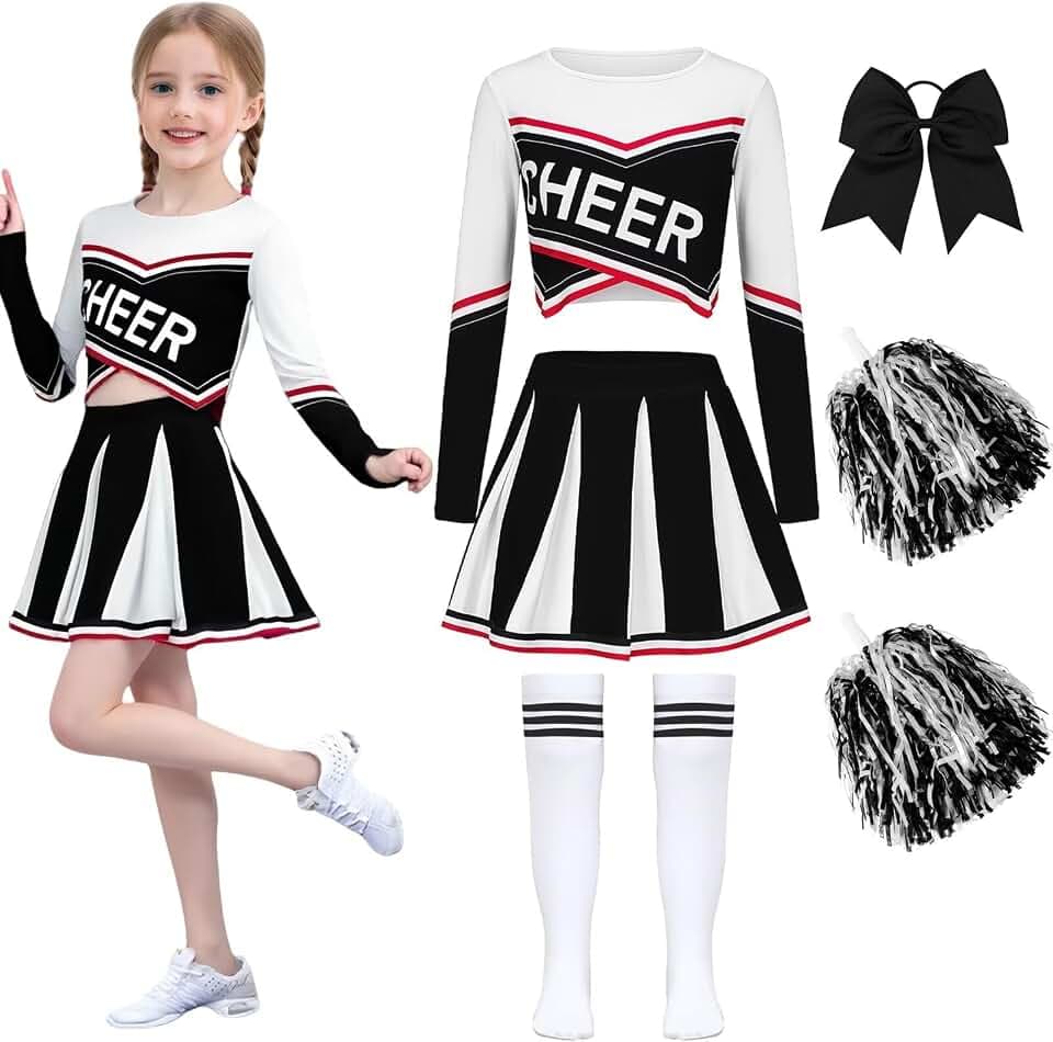 Luckyou Cheerleader Kostüm Kinder Langarm Cheerleader Mädchen mit Pompoms Socken Cheerleading Outfit Kinder für Karneval Halloween Sportfest