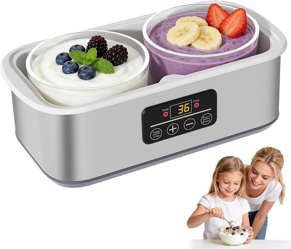 Yogurt Maker with Adjustable Time and Temp Control, 2 Bowls/1 Quart