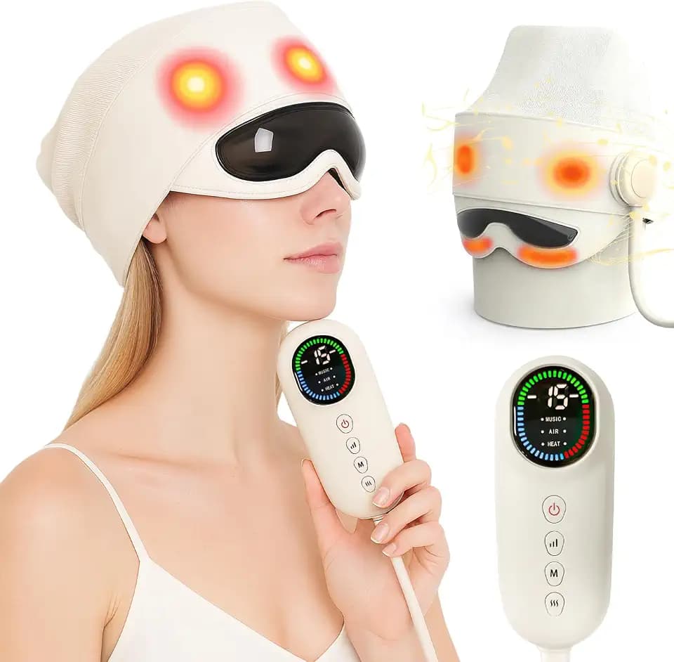 Elektrisches Kopfmassagegerät mit Luftdruck-Massage & Augenwärme – 4 Massagemodi, 3-stufige Temperaturwahl, lindert Kopfschmerzen, Stress und Müdigkeit, verbessert die Schlafqualität