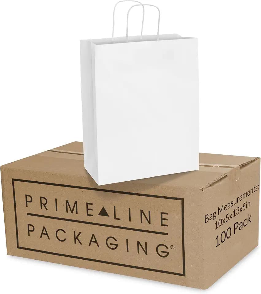 Prime Line Packaging Large White Bags with Handles, 10x5x13 Inch, 100 Pack