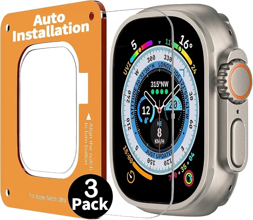 Smiling 3 Pack Screen Protector Compatible with Apple Watch Ultra 4/Ultra 3/Ultra 2/Ultra 49mm and Auto-alignment Installation Frame, Anti-Scratch Tempered Glass Screen Protector, Bubble Free, Touch Sensitive