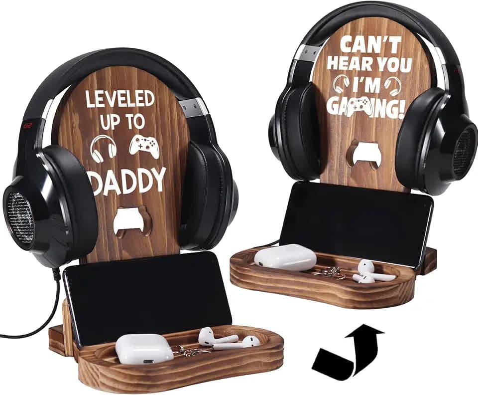 Slothoem Gamer Gifts for New Dad, New Expecting Dad First Fathers Day, New Dad Announcement, Best Birthday Gift for New Father, for Husband Soon-to-be-Dad, Wooden Headset Stand-Leveled Up To Daddy