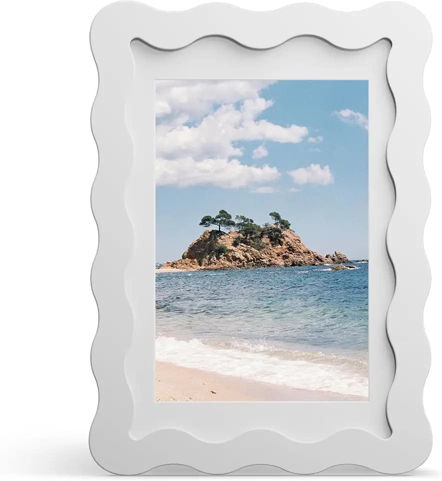 4x6 Picture Frame with Mat for 3.5x5, Wavy Edge Wooden Real Glass Photo Frame for Tabletop and Wall Hanging, White, 1 Pack