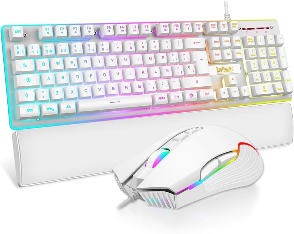 RedThunder K10 3-in-1-Set mit Tastatur, Maus und Handgelenkstütze aus Leder, RGB-Hintergrundbeleuchtung, mechanische Berührung, Anti-Ghosting-Tasten + 7D-Maus, 7200 DPI, spanisches Layout, kompatibel