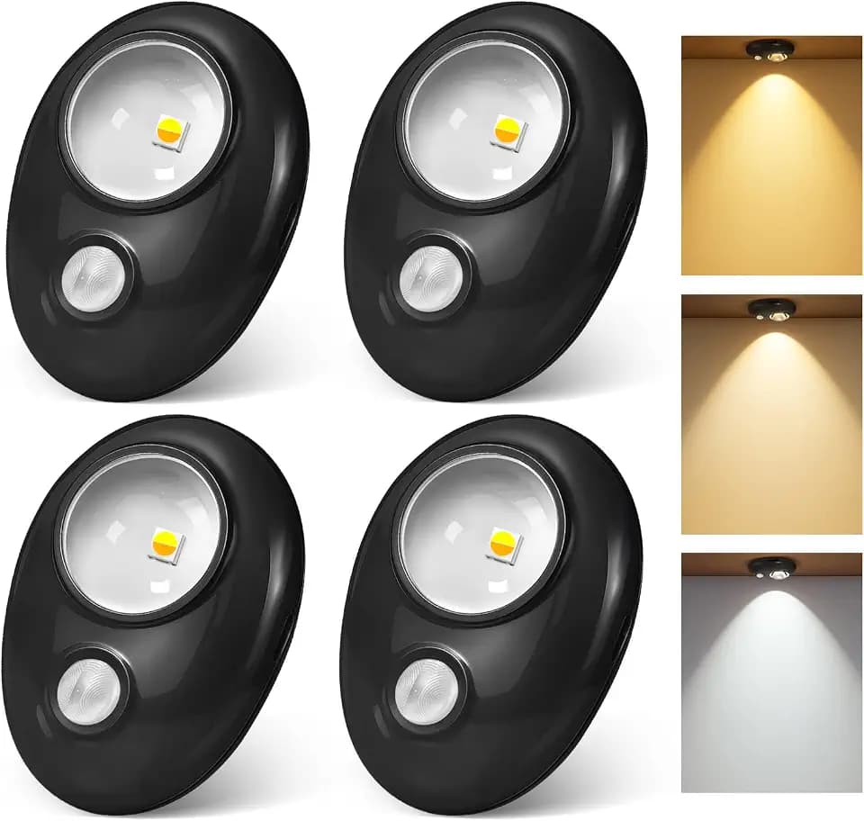 Motion Sensor Puck Lights 4 Pack, USB-C Rechargeable Under Cabinet Lights, 3 Color Temperatures Dimmable Magnetic Closet Lighting, Wireless LED Lights for Kitchen, Pantry, Shelf, Drawer, Hallway
