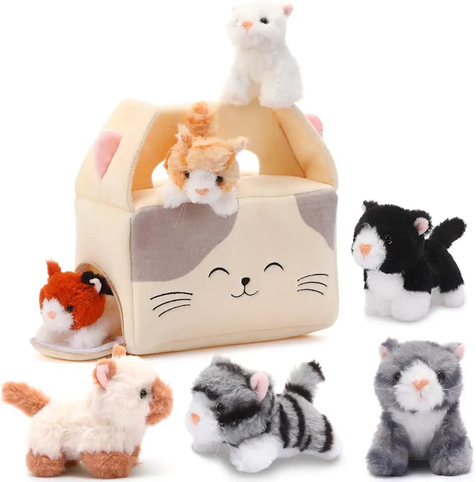 Blueweenly 8 Pcs Cat Stuffed Animals Set, Plush House with 7 Kittens