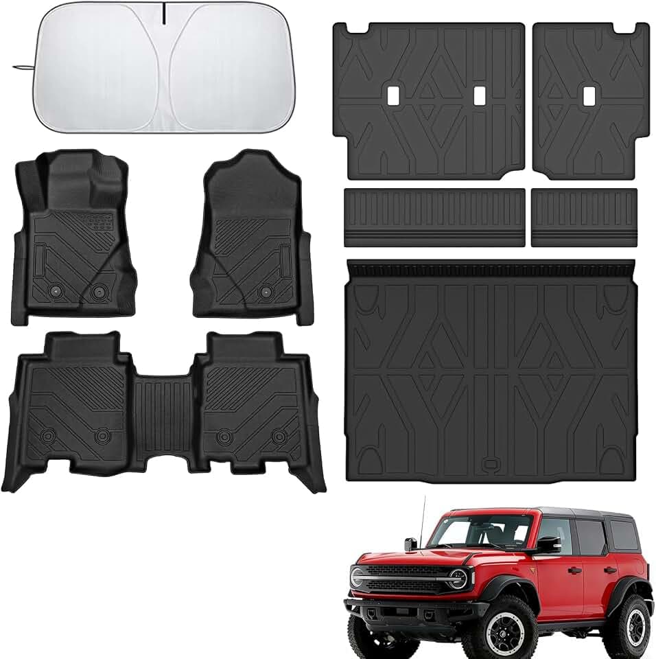 Floor Mats for Ford Bronco 4-Door 2021-2024 2025 2026(Not for 2 Door&Sport), Cargo Liner Set, Heavy Mud & Off-Road Protection with 3D Waterproof High-Edge & Anti-Slip Retention System