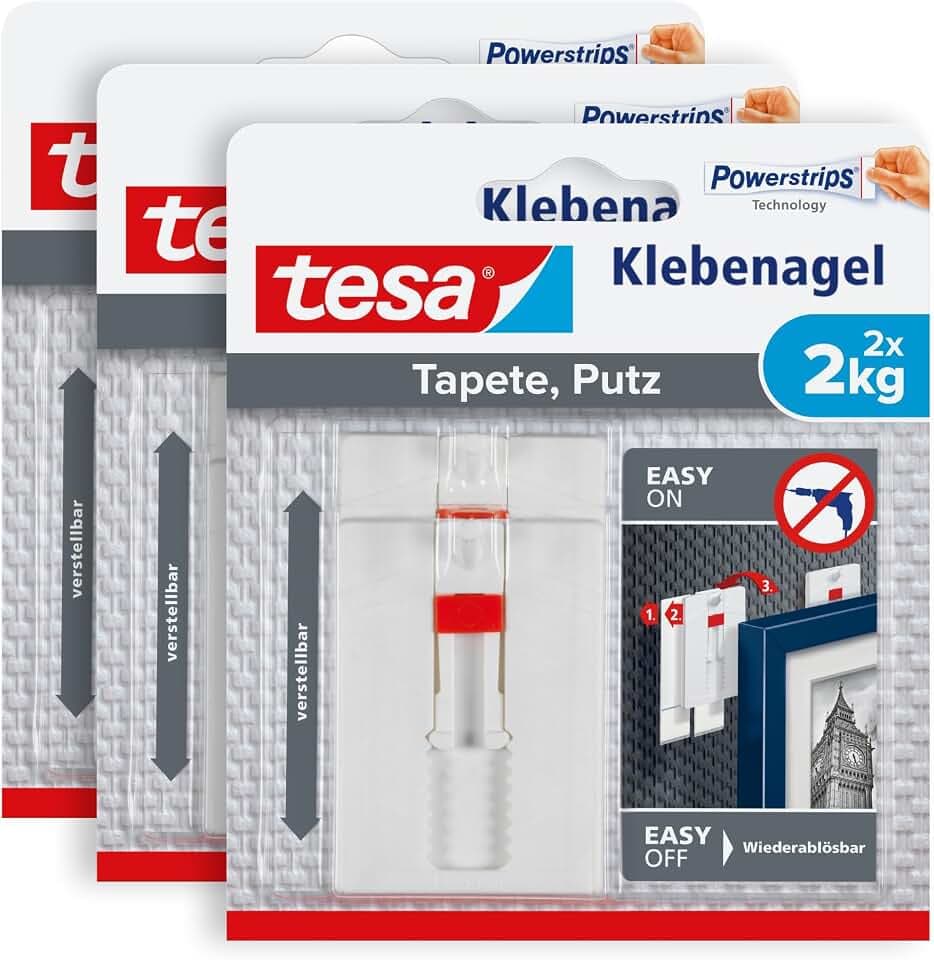 tesa Klebenagel für Tapete & Putz, verstellbar, 2kg - 3x 2 Nägel mit Strips