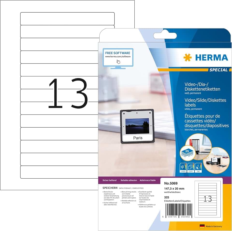 HERMA 5069 Video Etiketten für VHS-Kassetten Rücken, 25 Blatt, 147,3 x 20 mm, 13 pro A4 Bogen, 325 Stück, selbstklebend, bedruckbar, matt, blanko Papier Videokassetten Aufkleber, weiß
